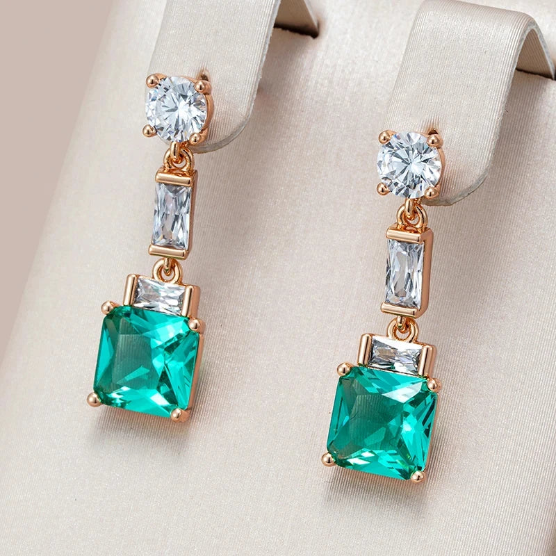 Wbmqda Unique Green Square Zircon Stud Earring For Women 585 Rose Gold Color Luxury Fashion Wedding Party Jewelry