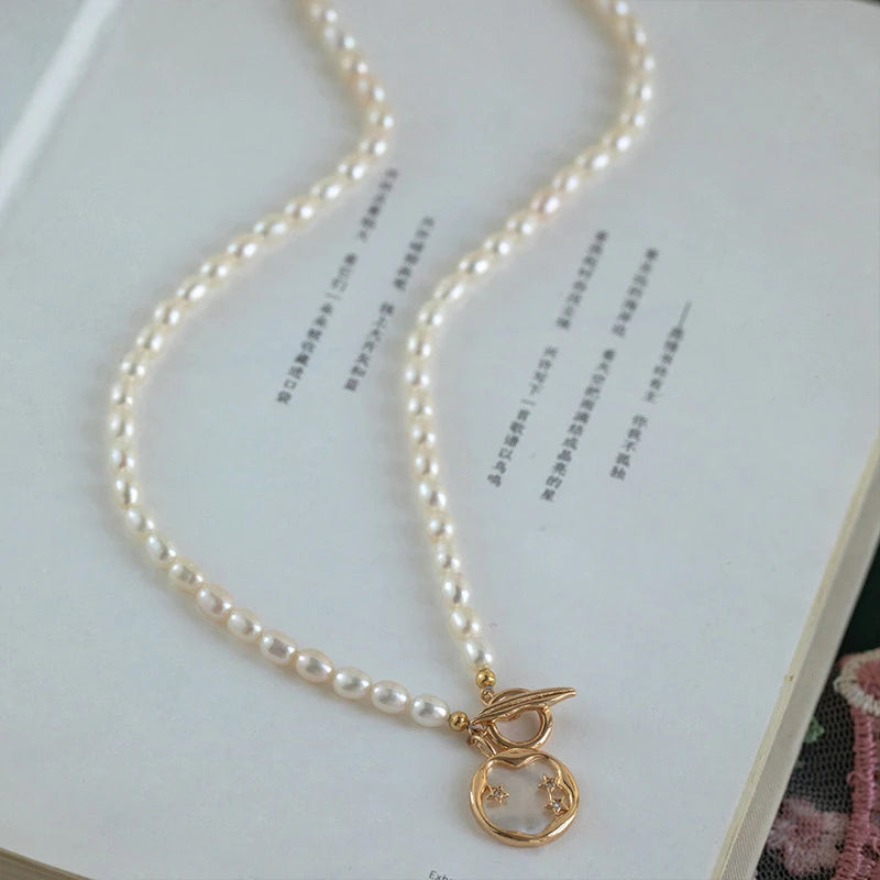 SUYU 5-6mm Natural Freshwater Pearl Necklace For Women's Light Luxury Design Round Brand Star Pendant Ot Buckle Trendy