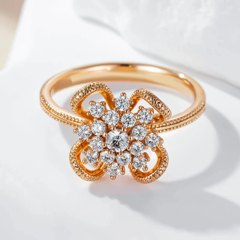 Wbmqda Crystal Flower Rings For Women 585 Rose Gold Color With Natural Zircon Luxury Jewelry Accessories