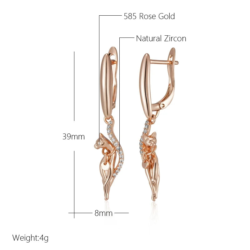 Wbmqda Unique Cat Shape Drop Earrings For Women 585 Rose Gold Color With White Natural Zircon Fashion Animal Jewelry Accessories