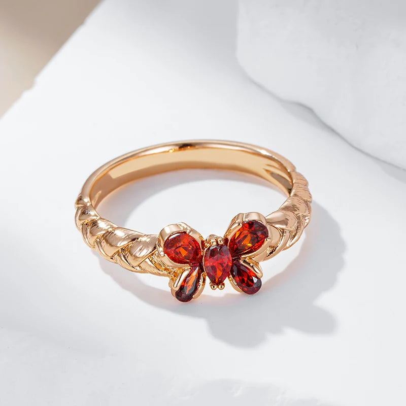 Wbmqda 585 Rose Gold Color Butterfly Shape Ring For Women Red Natural Zircon Setting Fashion Cute Girl Christmas Jewelry Gifts