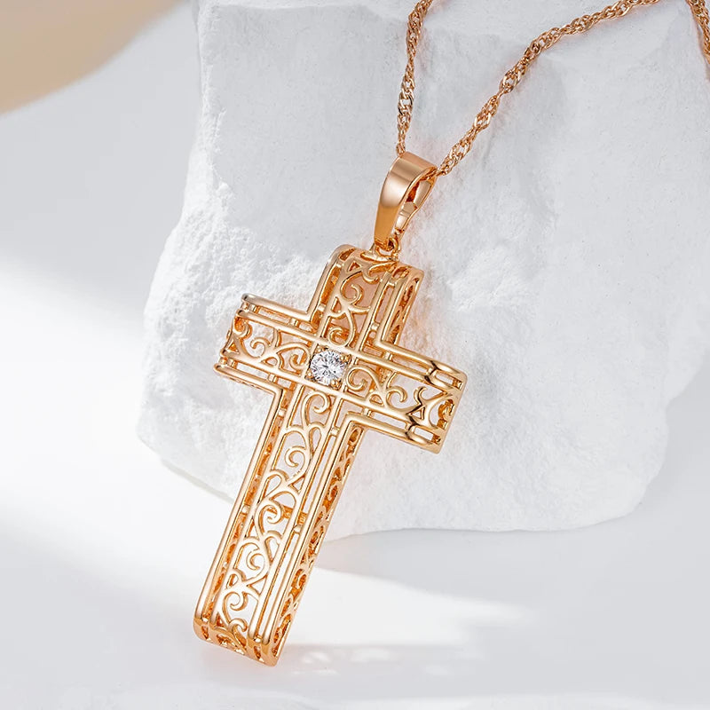 Wbmqda 585 Rose Gold Color Glossy Hollow Cross Pendant Necklace For Women With White Natual Zircon Fashion Jewelry Accessories