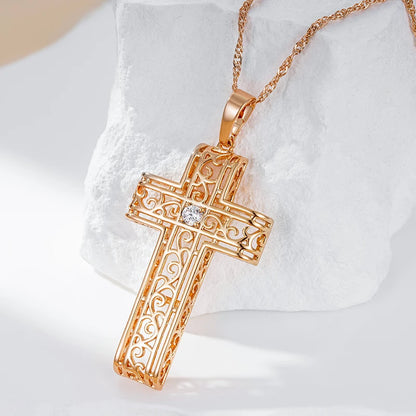 Wbmqda 585 Rose Gold Color Glossy Hollow Cross Pendant Necklace For Women With White Natual Zircon Fashion Jewelry Accessories