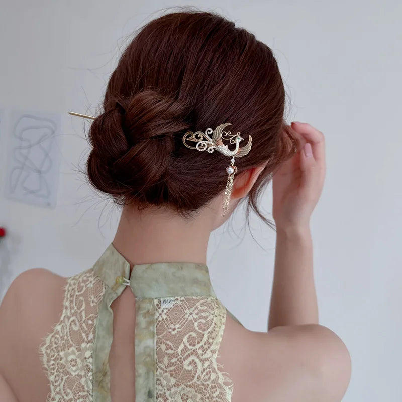 SUYU New Phoenix Design Simulation Pearl Tassel Hairpin Elegant And Fashionable Style Hairpin