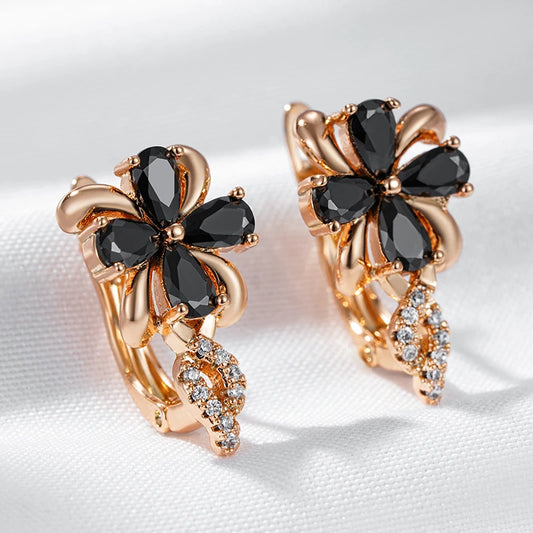 Wbmqda Luxury Black Natural Zircon Drop Earrings For Women 585 Rose Gold Color Vintage Crystal Flower Jewelry Accessories