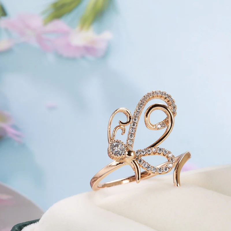 Wbmqda Unique Butterfly Open Ring For Women 585 Rose Gold Color With White Natural Zircon Holiday Party Fashion Jewelry Gifts