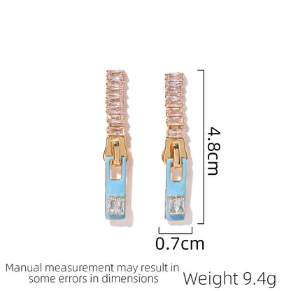 SUYU New Summer Women's Design Exaggerated Zipper Earrings Fashionable Square Handmade Oil Dropping Zircon Earrings