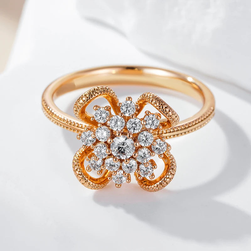 Kinel New 585 Rose Gold Color Hollow Flower Rings for Women Shiny Natural Zircon Accessories Unusual Ethnic Wedding Jewelry