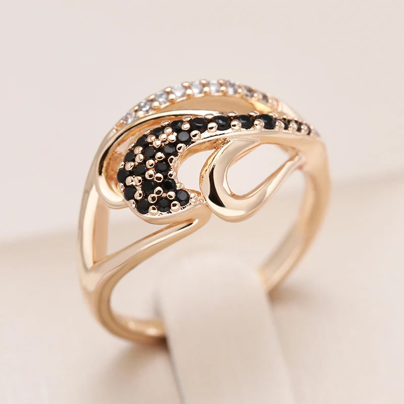 Wbmqda New Unique Black Natural Zircon Gothic Ring For Women 585 Rose Gold Color Retro Refined Daily Jewelry Accessories