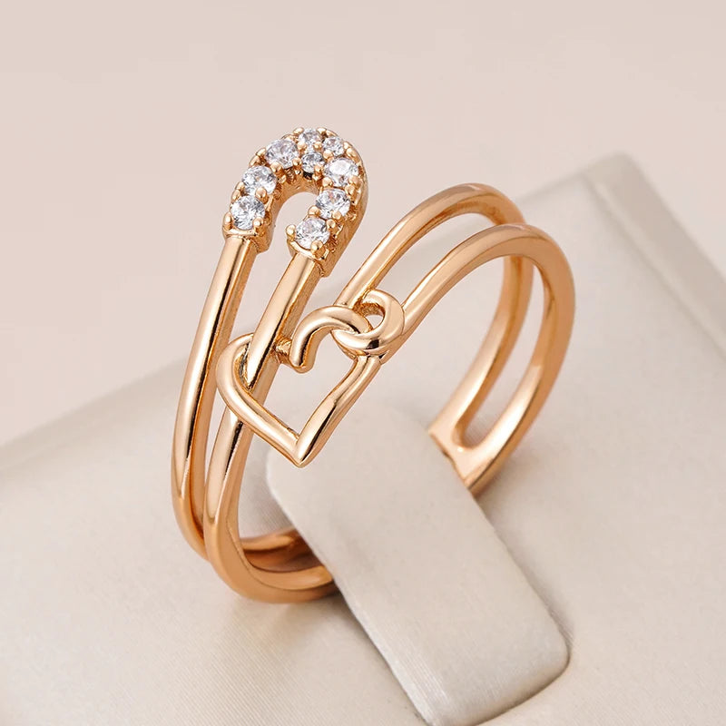 Wbmqda New Fashion 585 Rose Gold Color Unusual Pin Heart Shape Zircon Ring For Women Daily Matching Trendy Jewelry Accessories