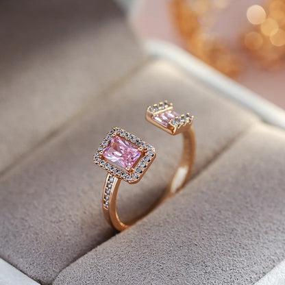 Kinel Hot Square Pink Natural Zircon Open Rings For Women Luxury 585 Rose Gold Color Bride Wedding Party Daily Jewelry