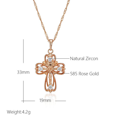 Wbmqda 585 Rose Gold Color Cross Crucifix Jesus Pendant And Necklace For Women Men Classic Simple Zircon Jewelry Accessories