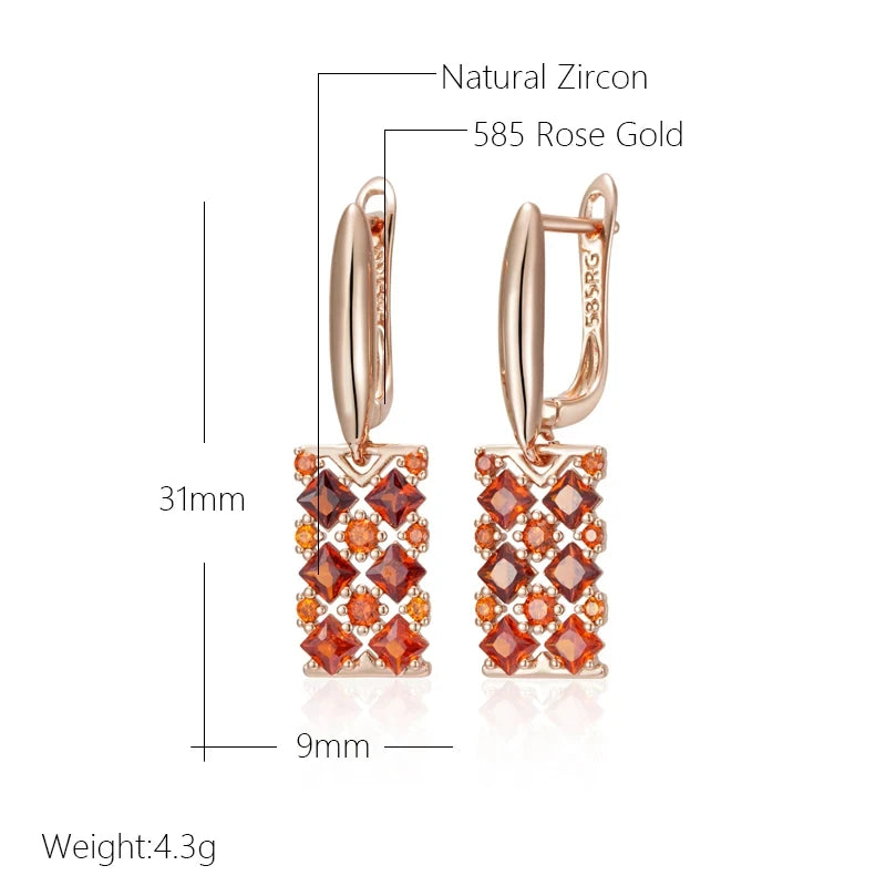 Wbmqda Luxury Red Natural Zircon Long Drop Earrings For Women 585 Rose Gold Color Wedding Party Fashion Dubai Jewelry