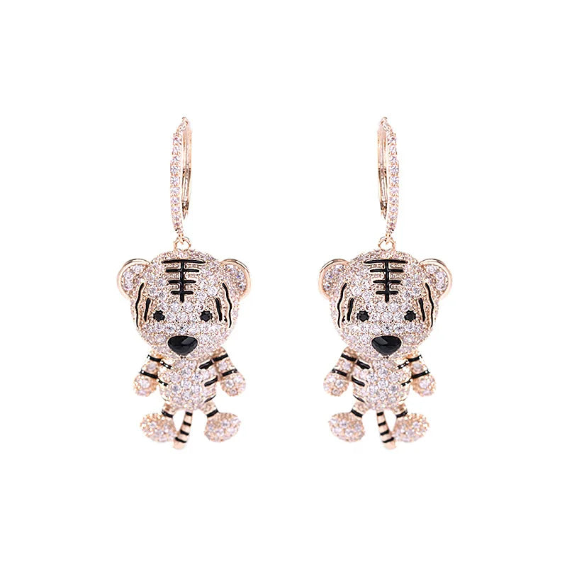 Cute Twelve Zodiac Creativity Earrings Inlaid With Cubic Zirconia Fashionable And Personalized Little Tiger Earrings