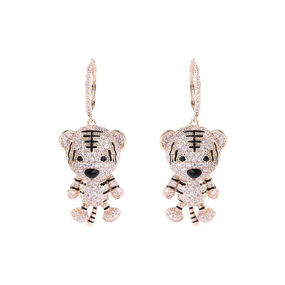 Cute Twelve Zodiac Creativity Earrings Inlaid With Cubic Zirconia Fashionable And Personalized Little Tiger Earrings