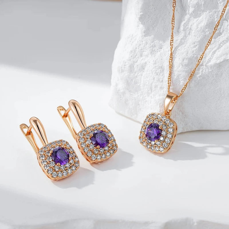 Wbmqda Luxury Purple Pendant And Necklace For Women 585 Rose Gold Color Full Stones Setting Shiny Wedding Party Fine Jewelry