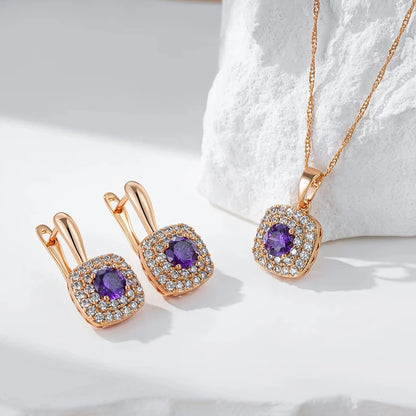 Wbmqda Luxury Purple Women's Drop Earrings 585 Rose Gold Color Full Stones Setting Shiny Wedding Party Fine Jewelry