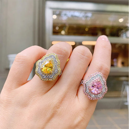 SUYU New Fashion Retro Flower Open Ring 2024 Spring Micro Set Pink Zircon Retro Creative Ring Fashion Party Jewelry Gifts