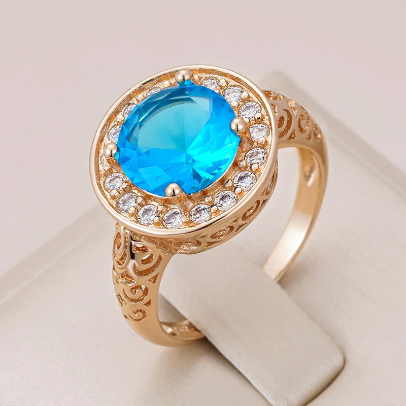 Wbmqda Luxury Fashion Blue Natural Zircon Big Ring For Women 585 Rose Gold Color Classic Retro Ethnic Wedding Jewelry Gift