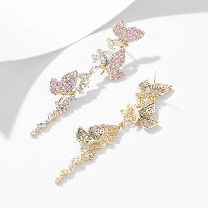 Colorful Cubic Zirconia Inlaid Earrings With a Sense Of Design Flying All Over The Sky Long Tassel Butterfly Earrings