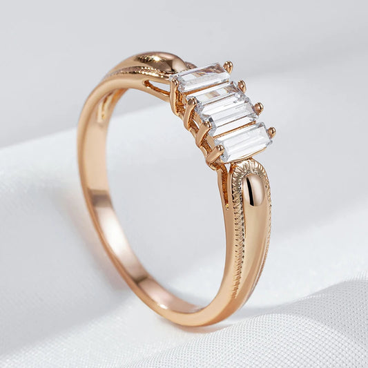 Wbmqda Simple Fashion Metal Glossy Ring For Women 585 Rose Gold Color With White Square Natural Zircon Fine Daily Party Jewelry