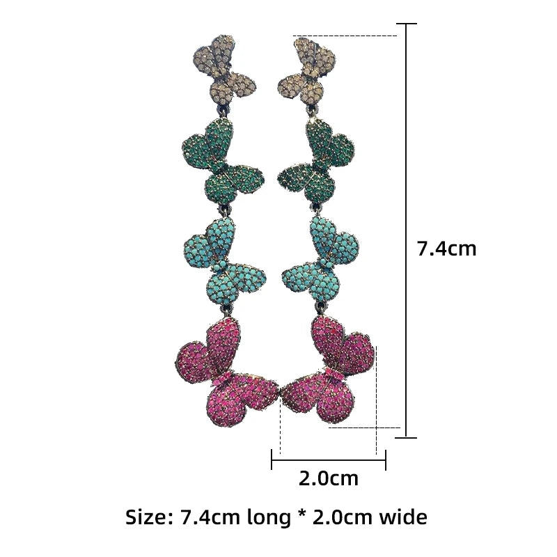 Summer New Colorful Butterfly Dance Earrings with Colorful Zircon Microinlay Long Ladies' Elegant and Fashionable Earrings