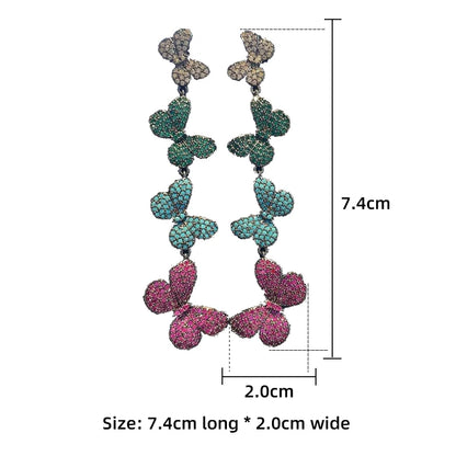 Summer New Colorful Butterfly Dance Earrings with Colorful Zircon Microinlay Long Ladies' Elegant and Fashionable Earrings