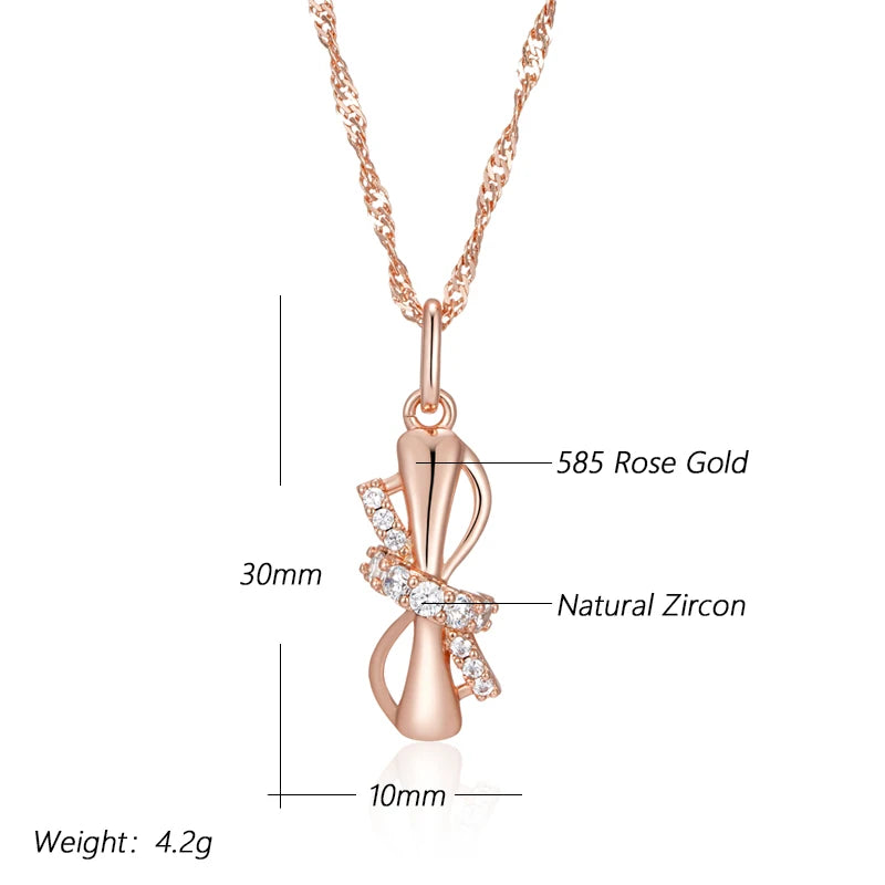 Wbmqda Cute Bowknot Pendant And Necklace For Women Girls 585 Rose Gold Color With Natural Zircon Trendy Jewelry Gifts