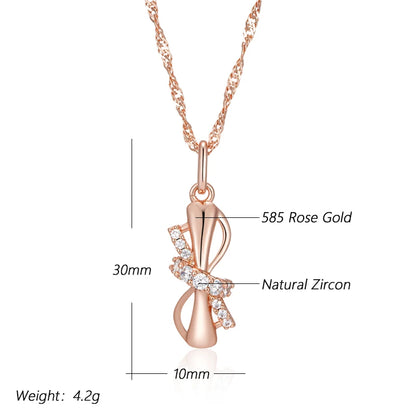 Wbmqda Cute Bowknot Pendant And Necklace For Women Girls 585 Rose Gold Color With Natural Zircon Trendy Jewelry Gifts