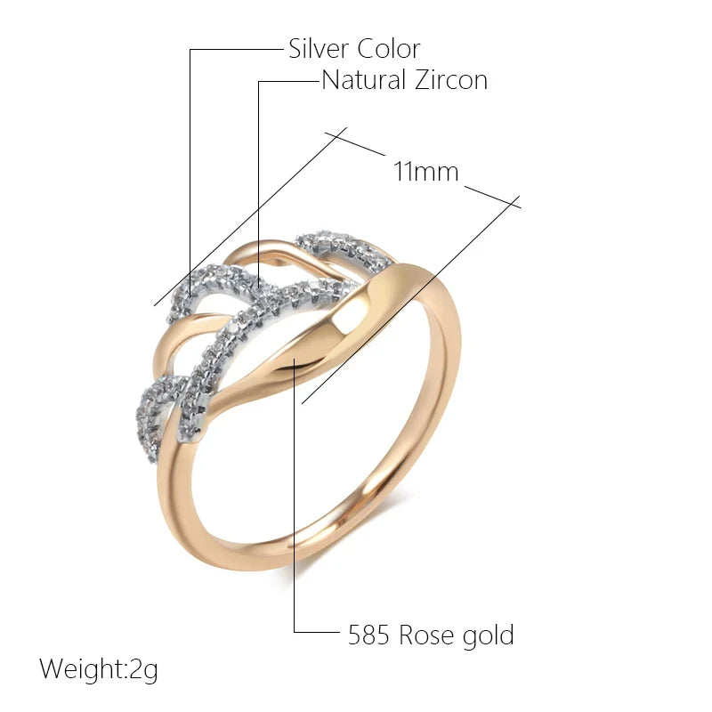 Wbmqda Unique Feather Shape Ring For Women 585 Rose Gold Silver Color Natural Zircon Setting Luxury Crystal Flower Jewelry