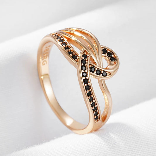 Wbmqda Fashion Black Natural Zircon Ring For Women 585 Rose Gold Color Geometric Line Cross Design Classic Wedding Party Jewelry