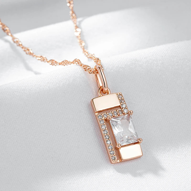 Kinel Classic Square Pendant Necklace For Women 585 Rose Gold Color With Natural Zircon Accessories Simple Pendant Daily Jewelry