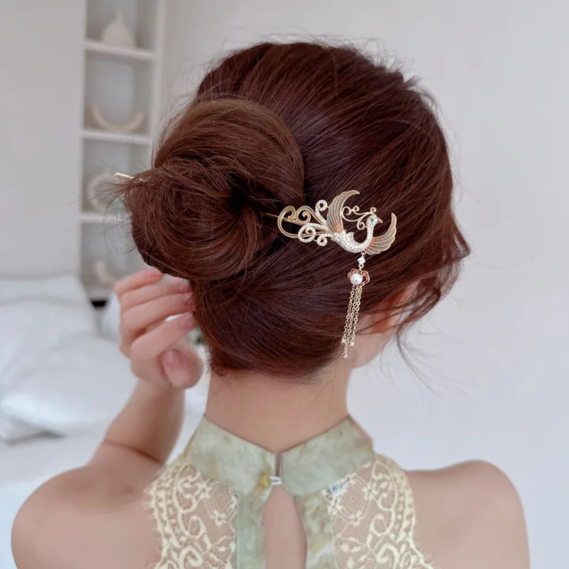 SUYU New Phoenix Design Simulation Pearl Tassel Hairpin Elegant And Fashionable Style Hairpin