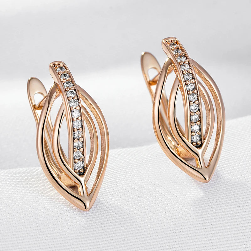 Wbmqda 585 Rose Gold Color Geometric Hollow Zircon English Earrings For Women High Quality Daily Fine Jewelry