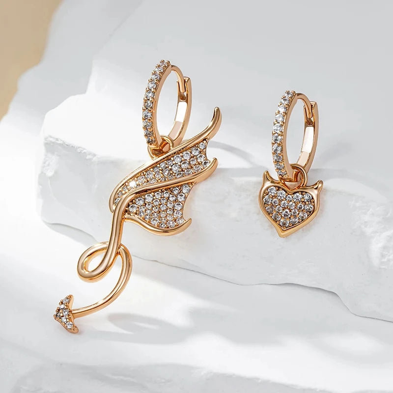 Wbmqda Devil Shape Asymmetrical Big Drop Earrings For Women 585 Rose Gold Color With Natural Zircon Personality Punk Jewelry