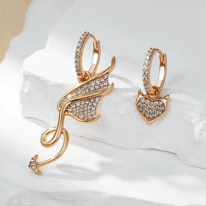 Wbmqda Devil Shape Asymmetrical Big Drop Earrings For Women 585 Rose Gold Color With Natural Zircon Personality Punk Jewelry