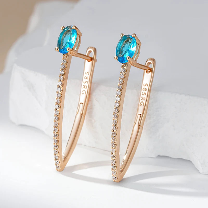 Wbmqda Luxury Fashion V Shape Blue Natural Zircon Drop Earrings For Women 585 Rose Gold Color 2023 Trendy Daily Matching Jewelry