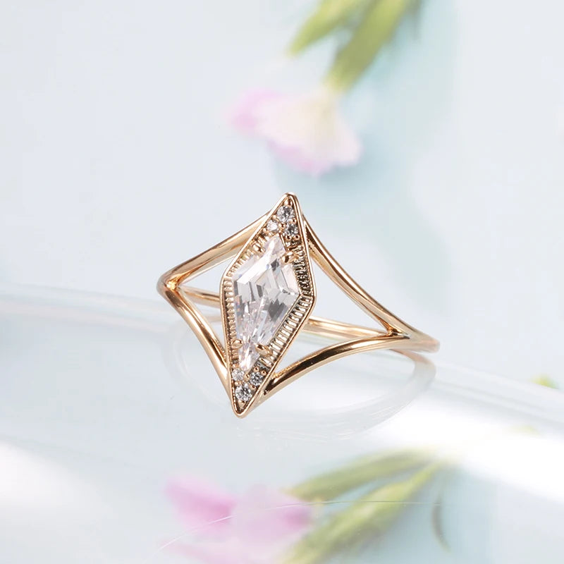 Wbmqda Rhombus Design Zircon Ring For Women 585 Rose Gold Color Simple Fashion Daily Matching Fine Jewelry Accessories