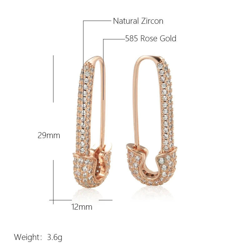 Wbmqda Unique Pin Shape Drop Earrings For Women 585 Rose Gold Color Full Zircon Setting Personalized Pierced Jewelry Accessories