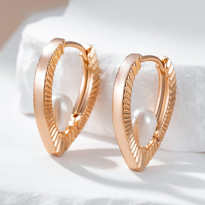 Wbmqda Unique 585 Rose Gold Color Glossy V Shape Peal Drop Earrings For Women High Quality Daily Party Fashion Jewelry Gifts