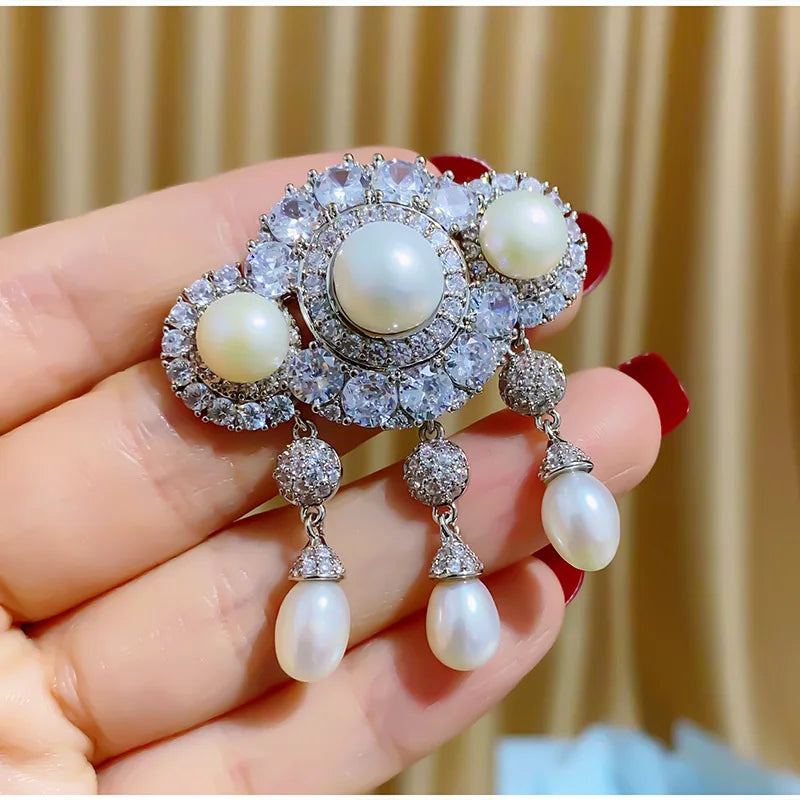 SUYU Fashion Corsage Tassel Cubic Zirconia Imitation Pearl Suit Coat Clothing Accessories Brooch Brooch