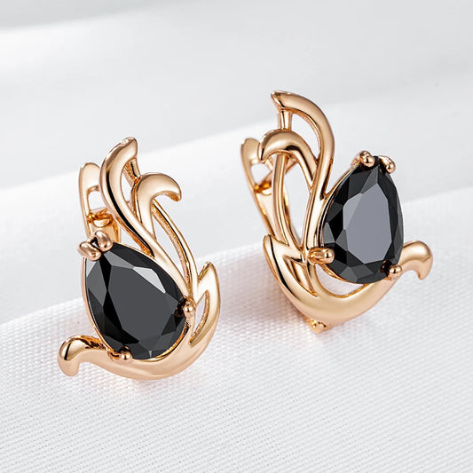 Wbmqda Elegant Black Natural Zircon Drop Earrings For Women 585 Rose Gold Color Simple Geometric Design Daily Match Fine Jewelry