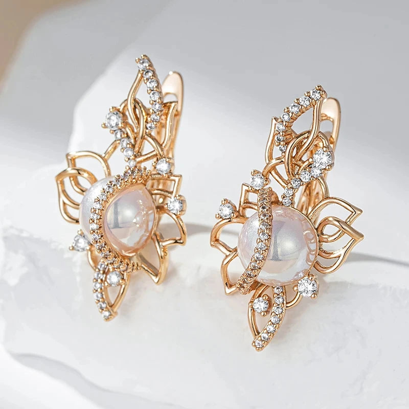 Wbmqda Luxury Unique Pearl Drop Earrings For Women 585 Rose Gold Color With White Natural Zircon Trendy Personalized Jewelry