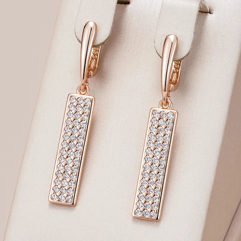 Wbmqda Square Long Drop Earrings For Women 585 Rose Gold Color Full Zircon Setting Luxury Wedding Party Jewelry