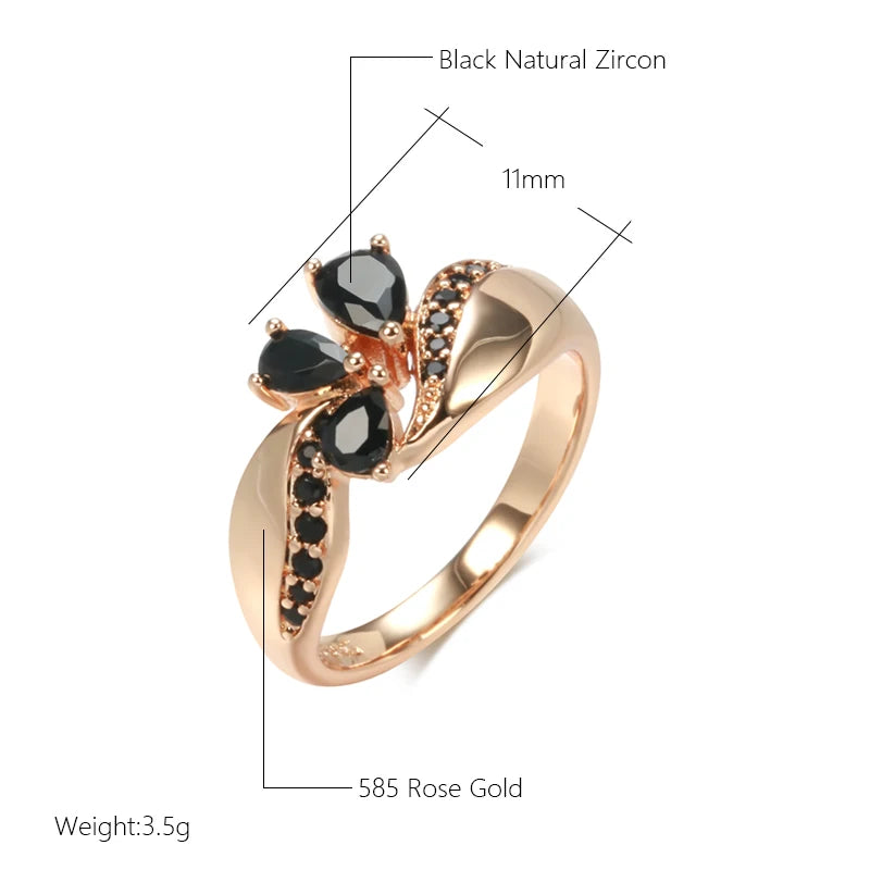 Wbmqda Luxury Elegant Black Natural Zircon Ring For Women 585 Rose Gold Color 2023 Trendy Wedding Party Crystal Flower Jewelry