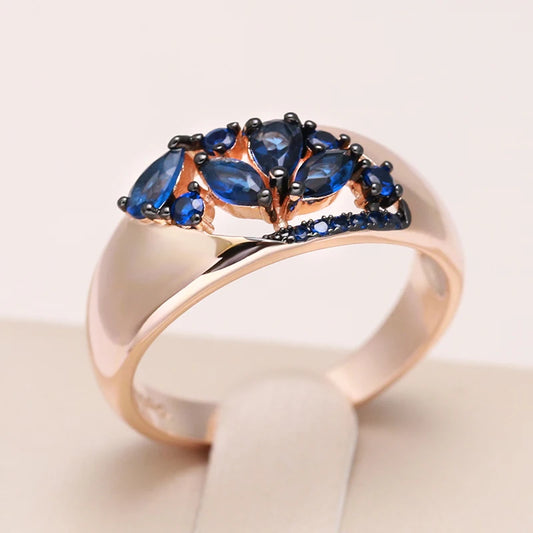 Kinel Luxury Blue Natural Zircon Ring For Women 585 Rose Gold and Black Plating Vintage Wedding High Quality Daily Fine Jewelry