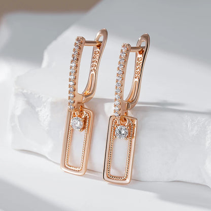 Kienl Hot Shiny Natural Zircon Square Long Earring for Women 585 Rose Gold Color Glossy Metal Accessories Trend Daily Jewelry