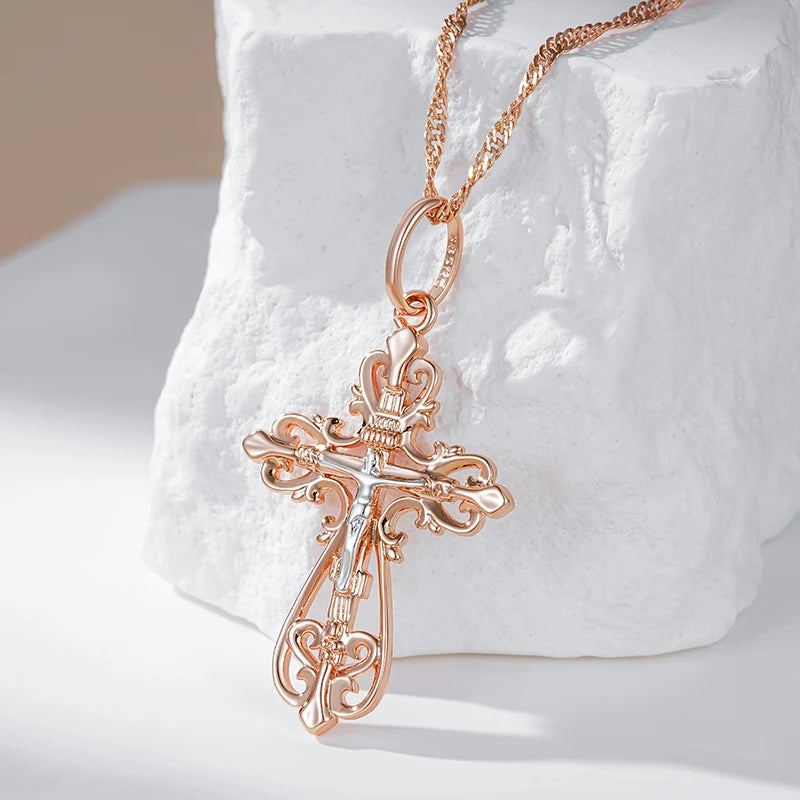 Kinel New Orthodox Church Cross Pendant Necklace for Women Men 585 Rose Gold Silver Color Mix Charm Daily Fine Ethnic Jewelry