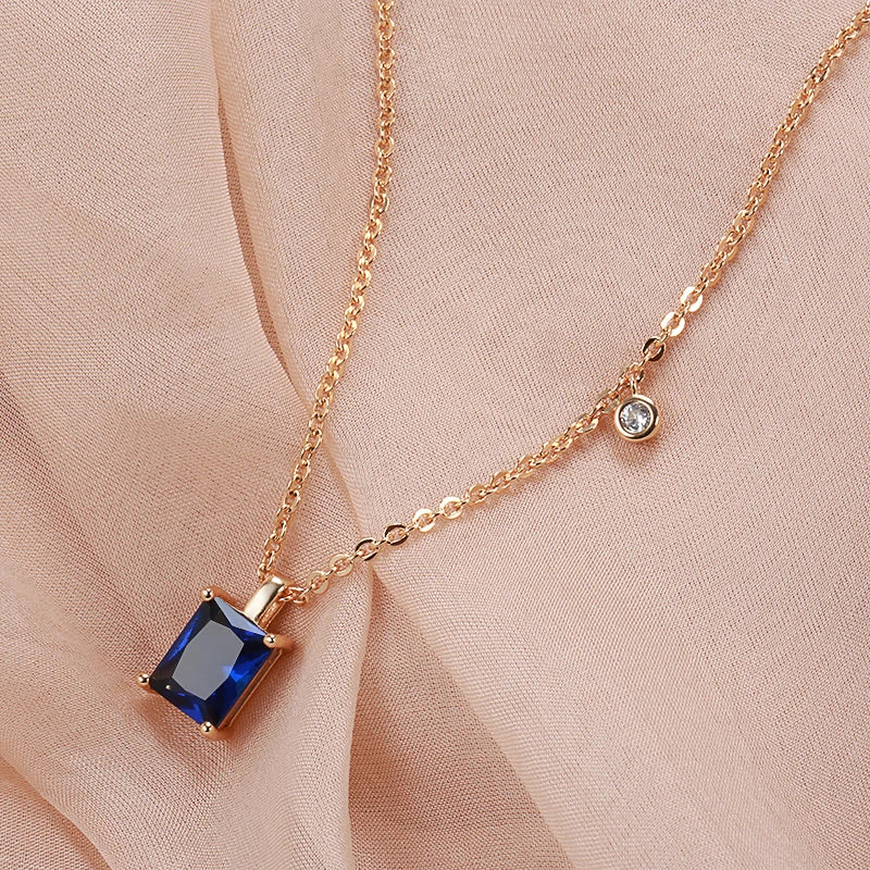 Wbmqda Square Blue Natural Zircon Pendant And Necklace For Women 585 Rose Gold Color Simple Fashion Daily Matching Fine Jewelry