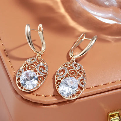 Kienl Hot 585 Rose Gold Color Crystal Flower Long Earring for Women Glossy Big Natural Zircon Drop Earring Trend Daily Jewelry